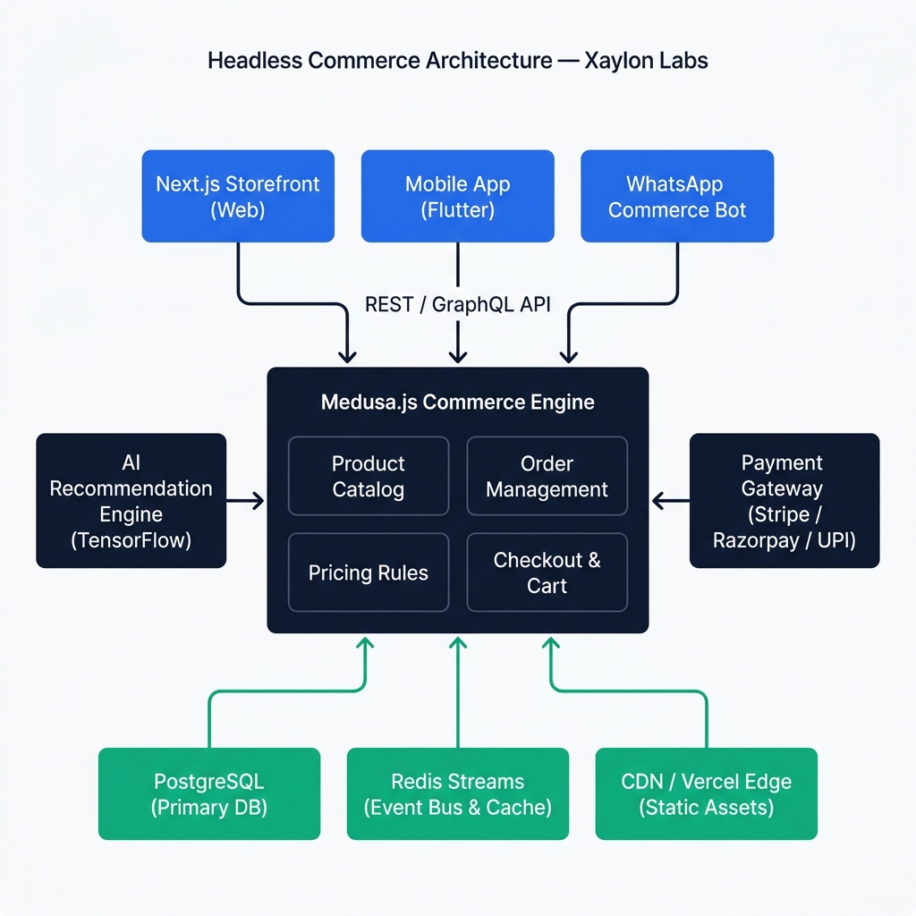 Headless commerce architecture diagram showing three decoupled layers: Next.js storefront and Flutter mobile app connecting via REST/GraphQL API to Medusa.js commerce engine with AI recommendation engine and payment gateway (Stripe, Razorpay, UPI), backed by PostgreSQL database, Redis Streams event bus, and Vercel Edge CDN — designed by Xaylon Labs for D2C e-commerce scaling